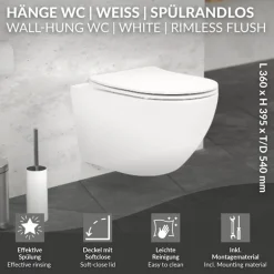 Wand-WC Hänge Toilette aus Keramik Weiß matt 54cm lang Spülrandlos mit Softclose Luxebath