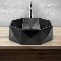 Waschbecken Diamantform ohne Überlauf Ø 42x13,5 cm Schwarz aus Keramik ML-Design