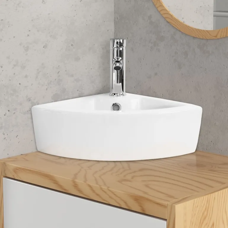 Waschbecken Dreieckig mit Überlauf 46x33x13 cm Weiß aus Keramik ML-Design