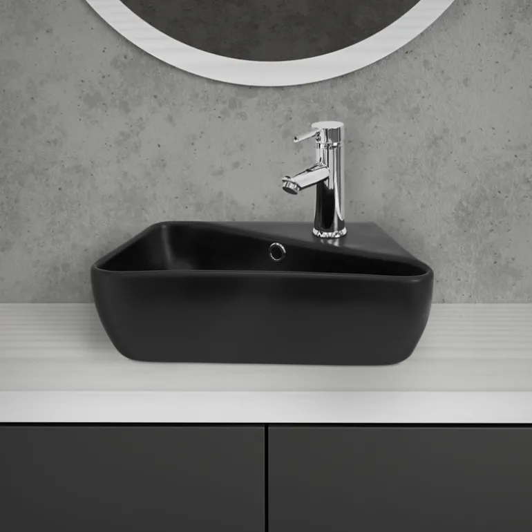 Waschbecken Eckigform mit Überlauf 45x27x13 cm Schwarz aus Keramik ML-Design