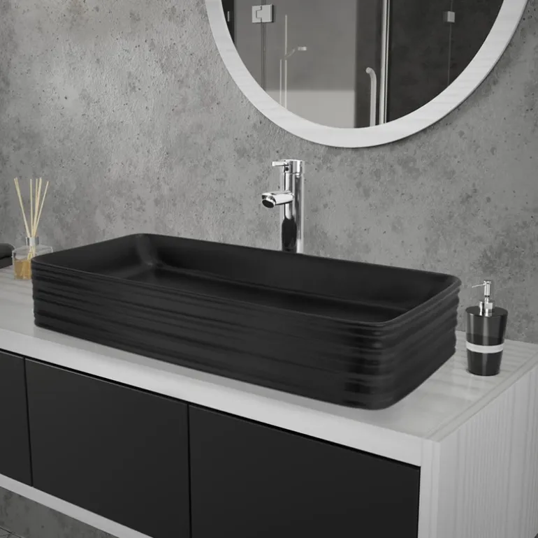 Waschbecken inkl. Ablaufganitur ohne Überlauf 68x38x12 cm Schwarz aus Keramik ML-Design