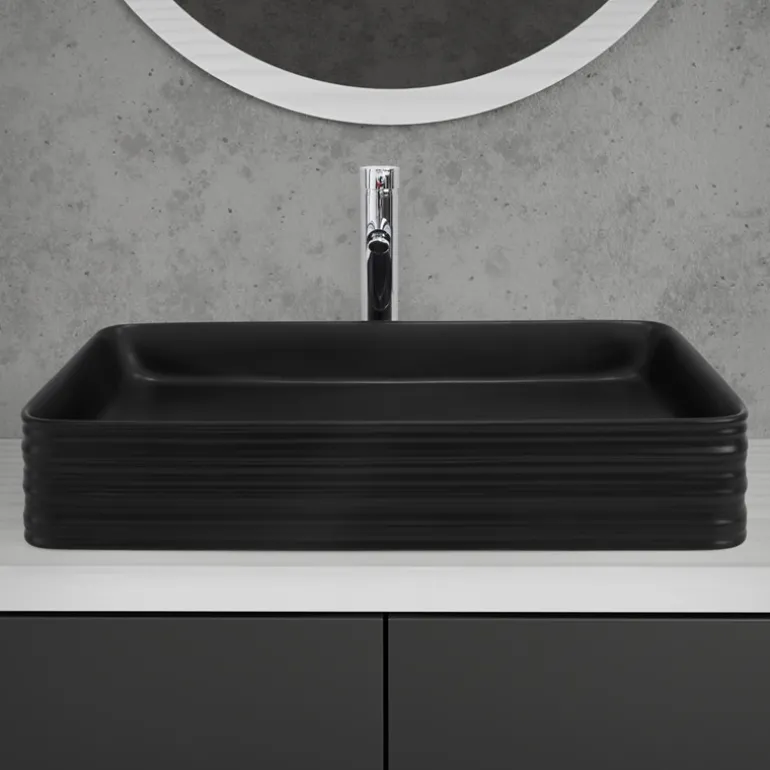 Waschbecken inkl. Ablaufganitur ohne Überlauf 68x38x12 cm Schwarz aus Keramik ML-Design