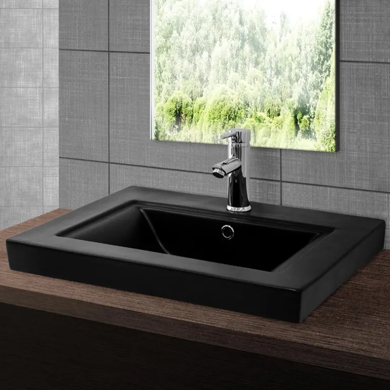 Waschbecken inkl. Ablaufgarnitur mit Überlauf 61x46,5x15,5 cm Schwarz aus Keramik ML-Design