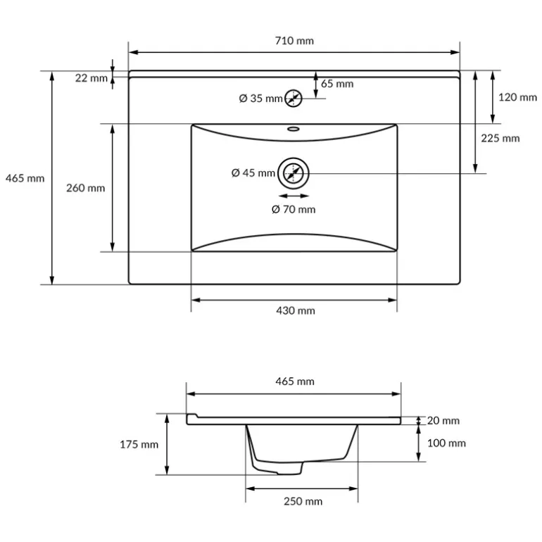 Waschbecken inkl. Ablaufgarnitur mit Überlauf 71x46,5x17,5 mm Weiß aus Keramik LuxeBath