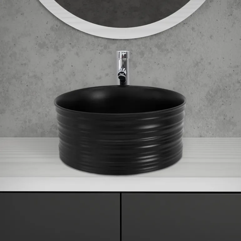 Waschbecken inkl. Ablaufgarnitur Schwarz ohne Überlauf Ø 41x18 cm Schwarz aus Keramik ML-Design