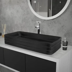 Waschbecken inkl. Ablaufgarnitur ohne Überlauf 68x38x12 cm Schwarz aus Keramik ML-Design