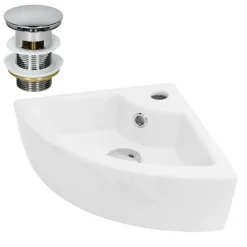 Waschbecken inkl. Ablaufgarnitur Silber mit Überlauf 46x33x13 cm Weiß aus Keramik ML-Design