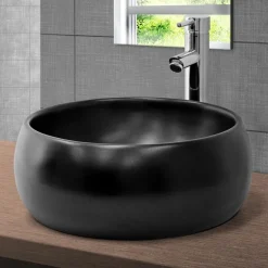 Waschbecken inkl. Ablaufgarnitur ohne Überlauf Ø 40x15,5 cm Schwarz aus Keramik ML-Design