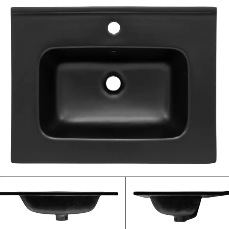Waschbecken inkl. Ablaufgarnitur Schwarz mit Überlauf 61x46x16,5 cm Schwarz aus Keramik ML-Design