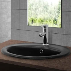 Waschbecken inkl. Ablaufgarnitur Silber mit Überlauf 57x48,5x19,5 cm Schwarz matt aus Keramik ML-Design