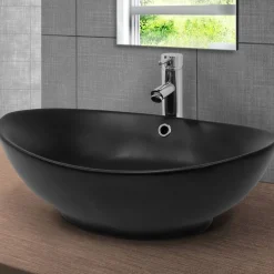 Waschbecken inkl. Ablaufgarnitur Silber mit Überlauf 59x38x19 cm Schwarz aus Keramik ML-Design