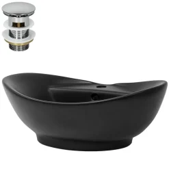 Waschbecken inkl. Ablaufgarnitur Silber mit Überlauf 59x39,5x20,5 cm Schwarz matt aus Keramik ML-Design