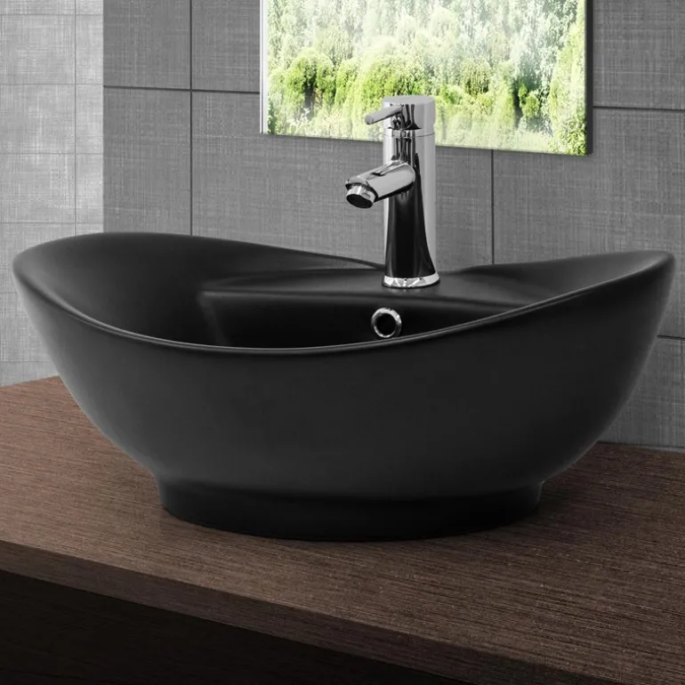 Waschbecken inkl. Ablaufgarnitur Schwarz mit Überlauf 59x39,5x20,5 cm Schwarz matt aus Keramik ML-Design