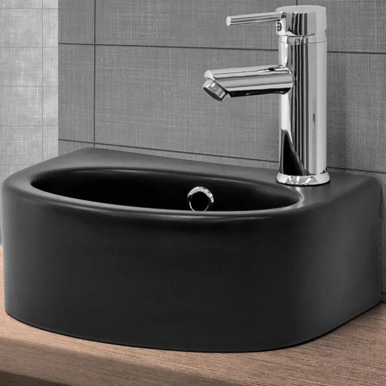Waschbecken inkl. Ablaufgarnitur mit Überlauf 33,5x25,5x13 mm Schwarz matt aus Keramik ML-Design