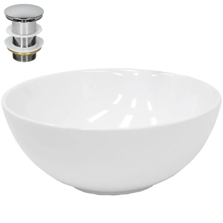 Waschbecken inkl. Ablaufgarnitur Silber ohne Überlauf Ø 32x13,5 cm Weiß aus Keramik LuxeBath
