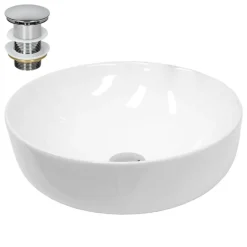 Waschbecken inkl. Ablaufgarnitur Silber ohne Überlauf Ø 40x13,5 cm Weiß aus Keramik