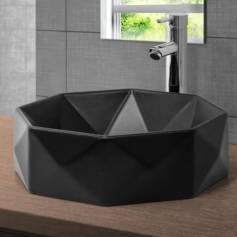 Waschbecken inkl. Ablaufgarnitur Silber ohne Überlauf Ø 42x13,5 cm Schwarz aus Keramik ML-Design