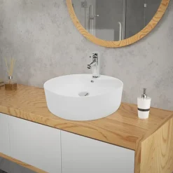 Waschbecken inkl. Ablaufgarnitur Silber mit Überlauf Ø 46x15,5 cm Weiß aus Keramik