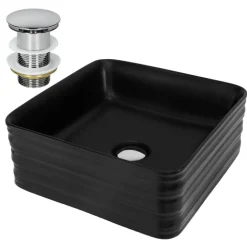 Waschbecken inkl. Ablaufgarnitur Silber ohne Überlauf 39x39x15 cm Schwarz aus Keramik ML-Design