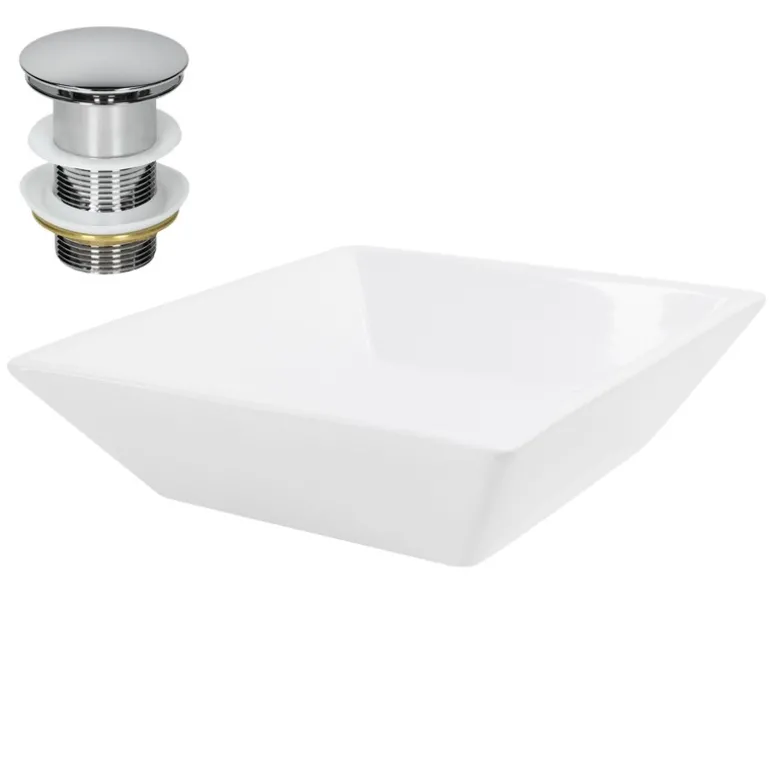 Waschbecken inkl. Ablaufgarnitur Silber ohne Überlauf 41x41x12 cm Weiß aus Keramik ML-Design
