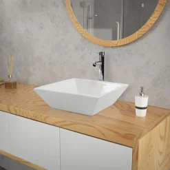 Waschbecken inkl. Ablaufgarnitur Silber ohne Überlauf 41x41x12 cm Weiß aus Keramik ML-Design