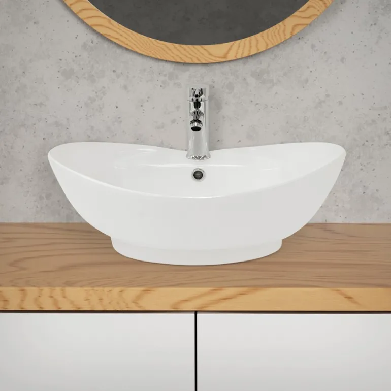Waschbecken Oval mit Überlauf 59x39,5x20,5 cm Weiß aus Keramik ML-Design
