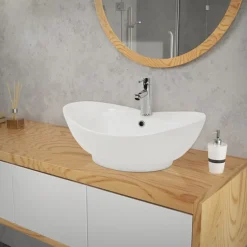 Waschbecken Oval mit Überlauf 59x39,5x20,5 cm Weiß aus Keramik ML-Design