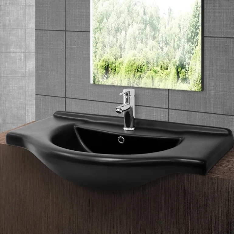 Waschbecken Oval mit Überlauf 87x50,5x2,5 cm Schwarz matt aus Keramik ML-Design