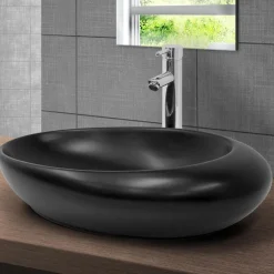 Waschbecken Oval ohne Überlauf 58,5x37,5x14,5 cm Schwarz aus Keramik ML-Design