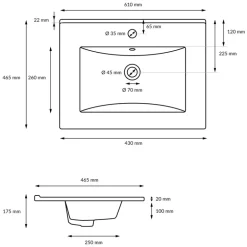 Waschbecken Rechteckig mit Überlauf 610x465x175 mm Weiß aus Keramik