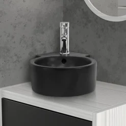 Waschbecken Rund mit Überlauf 45x36x13 cm Schwarz aus Keramik ML-Design