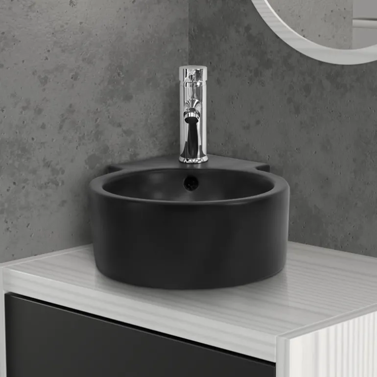 Waschbecken Rund mit Überlauf 45x36x13 cm Schwarz aus Keramik ML-Design