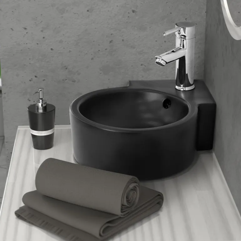 Waschbecken Rund mit Überlauf 45x36x13 cm Schwarz aus Keramik ML-Design