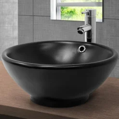 Waschbecken Rund mit Überlauf Ø 42x17 cm Schwarz aus Keramik ML-Design