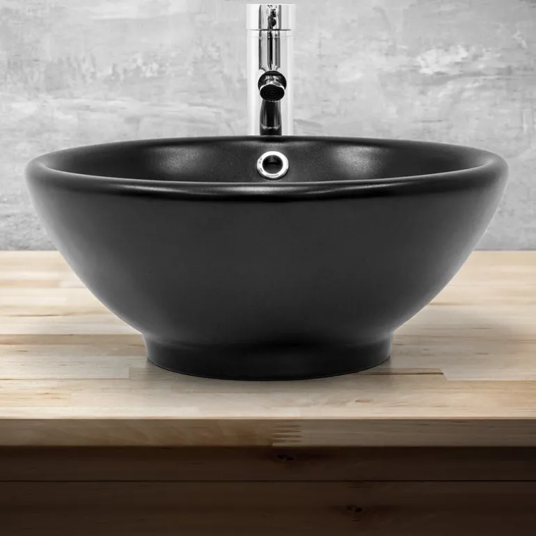 Waschbecken Rund mit Überlauf Ø 42x17 cm Schwarz aus Keramik ML-Design