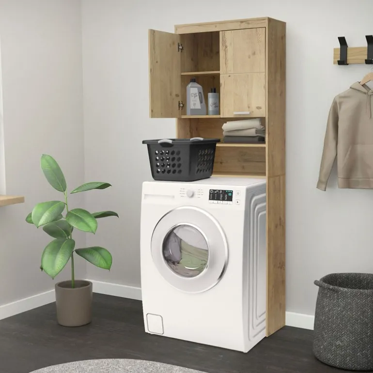 Waschmaschinenschrank mit 2 Türen und 2 offenen Fächern 187,5x63 cm Eichenoptik ML-Design