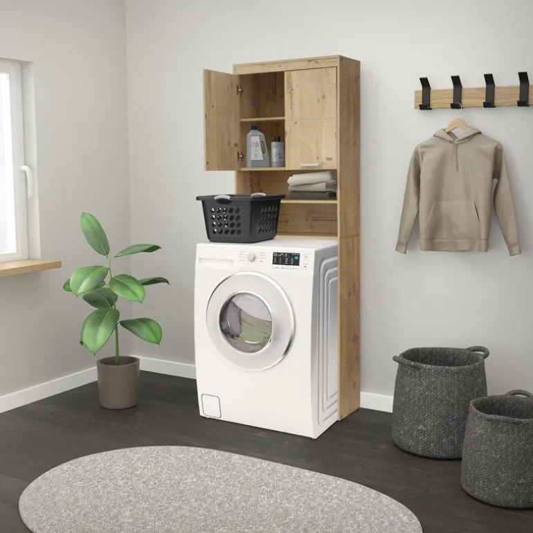 Waschmaschinenschrank mit 2 Türen und 2 offenen Fächern 187,5x63 cm Eichenoptik ML-Design