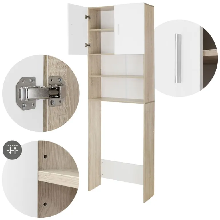 Waschmaschinenschrank Waschmaschinen Regal 62,5x25x190 cm mit 2 Türen und 2 Ablagen in Weiß/Sonoma Eiche ML-Design
