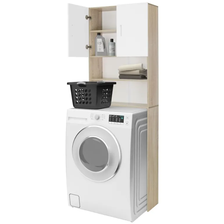 Waschmaschinenschrank Waschmaschinen Regal 62,5x25x190 cm mit 2 Türen und 2 Ablagen in Weiß/Sonoma Eiche ML-Design