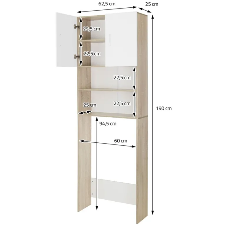 Waschmaschinenschrank Waschmaschinen Regal 62,5x25x190 cm mit 2 Türen und 2 Ablagen in Weiß/Sonoma Eiche ML-Design