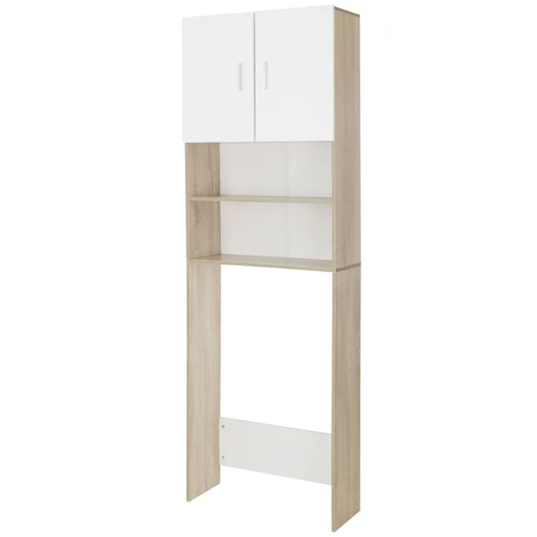 Waschmaschinenschrank Waschmaschinen Regal 62,5x25x190 cm mit 2 Türen und 2 Ablagen in Weiß/Sonoma Eiche ML-Design