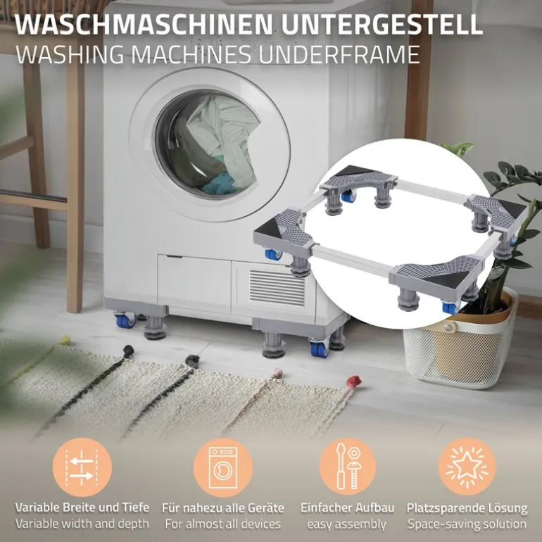 Waschmaschinen Untergestell Podest 43-66 cm x 38-66 cm verstellbare Maße mit Rollen in Grau ML-Design