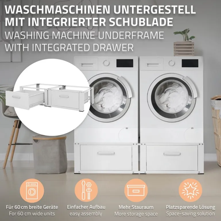 Waschmaschinen Untergestell Unterschrank 2er Set 64x53,5x31,5 cm mit 2 Schubladen in Weiß ML-Design