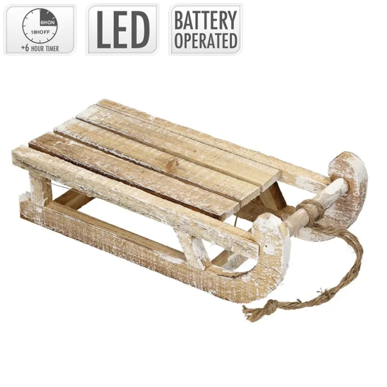 Weihnachtsdeko Schlitten mit 25 Warmweißen LEDs 31,5x14,5x10,5 cm Natur aus Holz