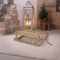 Weihnachtsdeko Schlitten 50,5x13,5x23,5 cm braun aus Holz mit LED