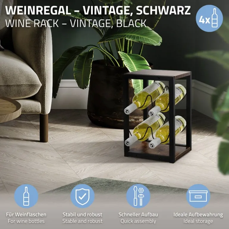 Weinregal für 4 Flaschen 37,5 cm hoch freistehendes Vintage Flaschenregal aus Holz & Stahl ML-Design