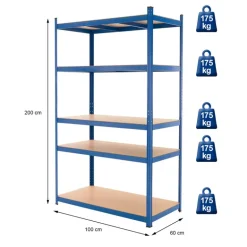 Werkstattregal 200x100x60 cm blau aus MDF Holzfaserplatte und Metall belastbar bis 875 kg