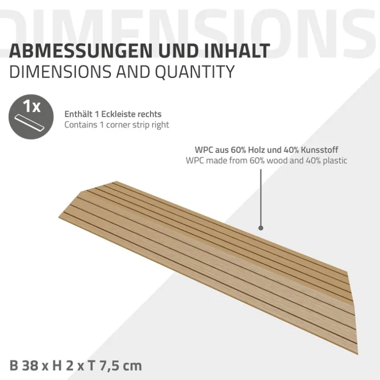 WPC Abschlussleiste 38x2x7,5 cm für WPC Bodenfliese Ecke rechts Teak ML-Design