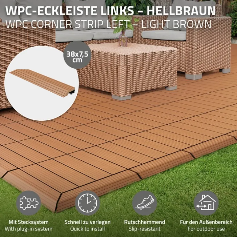 WPC Abschlussleiste 38x2x7,5 cm für WPC Bodenfliese Ecke links Hellbraun ML-Design