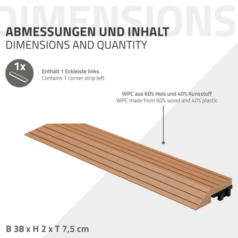 WPC Abschlussleiste 38x2x7,5 cm für WPC Bodenfliese Ecke links Hellbraun ML-Design